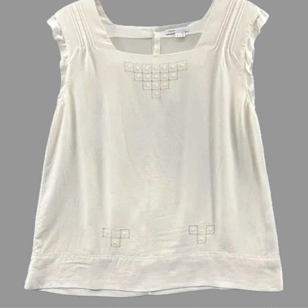 Vince Silk Cream Embroidered Ruffle Sleeveless Blouse Womens Size Medium